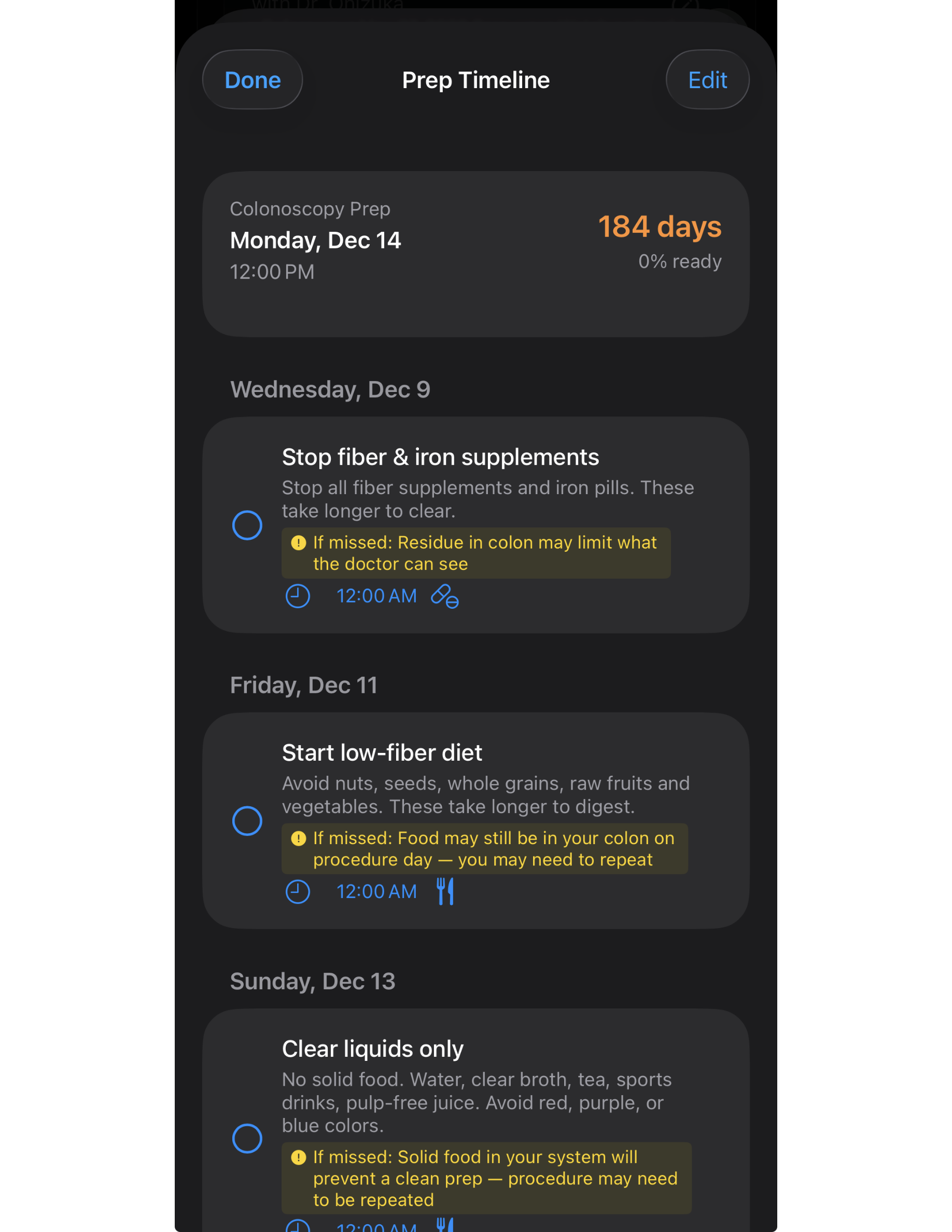 Flarity Prep Timeline: a digitized colonoscopy prep checklist with dated steps, timed reminders, and 'if missed' warnings